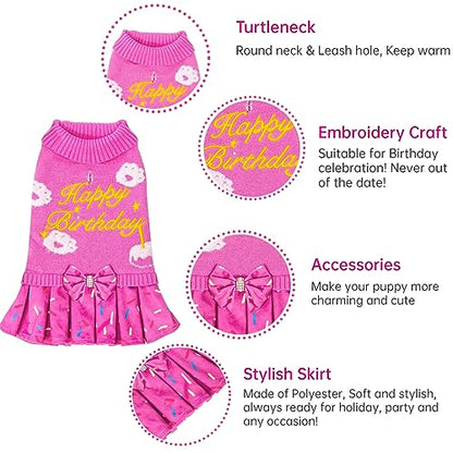 CuteBone Pink Dog Sweater Dress Happy Birthday Pet Sweater Sweaters for Large Dogs with Bowtie Pullover Pupply Clothes Cats Clothes - color: Happy Birthday, size: Large