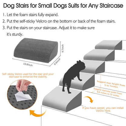 40D Dog Ramp for Stairs for Small & Senior Dogs and Cats – Non-Slip Stair Ramp for Dogs with Gentle Slope, Pet Ramp with Washable Cover & Self-Sticky Pads for Safe Climbing Easy Install(Grey, 5 Pack)