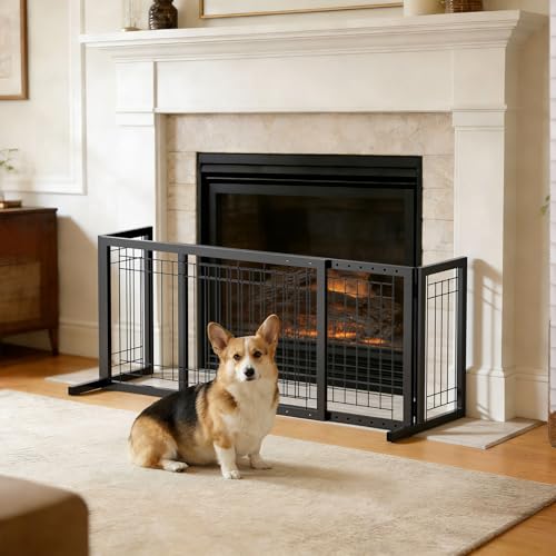Outvita Free Standing Dog Gate, 21" Height Pet Gate Extra Wide Dog Gates for Stairs Doorways Front Porch Fireplace, 37" - 68" Wide Metal Adjustable Pet Fence Indoor, Black