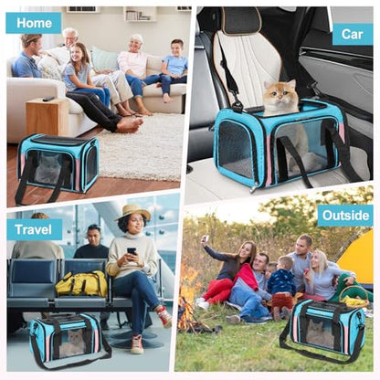 Discala Cat Dog Carrier Up to 15 Lbs TSA Airline Approved Pet Carrier for Small Medium Cats Puppies Dog Carriers for Small Dogs Collapsible Soft Sided Cat Travel Carrier - Blue&Pink 17"x11"x11" - color: Blue&Pink