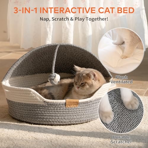 CHEERPALS Cat Basket Bed with Washable Cushion and Ball Rope Cotton, Covered Pet Bed for Indoor Cats Cave Bed Hooded, Stimulicat Cat Bed Handwoven Breathable, All Season Universal(Blue) - color: Blue