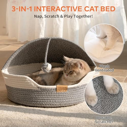 CHEERPALS Cat Basket Bed with Washable Cushion and Ball Rope Cotton, Covered Pet Bed for Indoor Cats Cave Bed Hooded, Stimulicat Cat Bed Handwoven Breathable, All Season Universal(Blue) - color: Blue