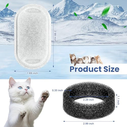 Cat Water Fountain Filters Replacement, 16 Pcs Pet Water Fountain Filter with 16 Pcs Foam Sponges for 67oz/2L & 108oz/3.2L Stainless Steel Pet Cat Water Fountain Dispenser Filters