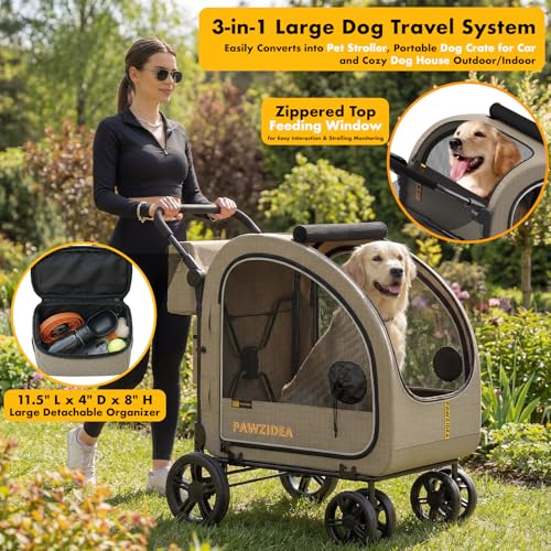 PAWZIDEA 3-in-1 Large Dog Stroller with Detachable Carrier up 100lbs, Foldable Dog Crate for Car Travel, All-Terrain Pet Stroller for 2 Medium Dogs, Jogger Wheels, Adjustable Handle, Stroage Organizer - color: Khaki Plaid