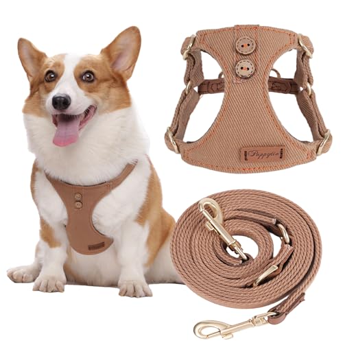 Puppytie No Pull Dog Harness with Multifunction Dog Leash, Soft Adjustable, Escape Proof, Classic Style, Khaki Camel, S - color: Button-Khaki Camel, size: S
