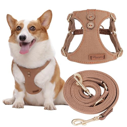 Puppytie No Pull Dog Harness with Multifunction Dog Leash, Soft Adjustable, Escape Proof, Classic Style, Khaki Camel, S - color: Button-Khaki Camel, size: S