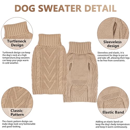 Dog Sweaters for Small Dogs Warm Dog Clothes Winter Chihuahua Clothes Girl Boy Puppy Sweater Cable Knitted Doggy Coat Soft Mini Dachshund Sweater with Turtleneck Pullover Design(Khaki, Medium) - color: Khaki, size: Medium