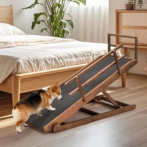 SLSY Dog Ramp for Bed, Folding Adjustable Pet Ramp with Non-Slip Rubber Mat, 45.2" Long, 5 Heights 15.7''–23.6", Portable Natural Wood Ramp for Small & Senior Dogs & Cats - color: Walnut, size: M for 23.6''H Bed