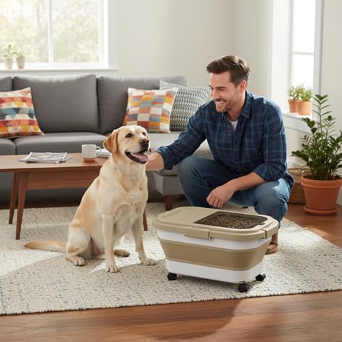 Summark Ca15 Lbs Dog/Cat Food Storage Container,Collapsible Food Storage Containers with Rolling Wheel Airtight Locking Lid,Pet Food Storage Container with Cup and Scoop,Khaki - color: Khaki