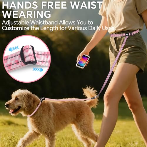 QQPETS Adjustable Slip Lead Dog Leash, Hands Free Waist Leash for Dog Walking, Reflective Training Lead with 360° Swivel Anti-Tangle, 4-7 ft Length for All Breeds - color: Pink Heart