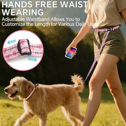 QQPETS Adjustable Slip Lead Dog Leash, Hands Free Waist Leash for Dog Walking, Reflective Training Lead with 360° Swivel Anti-Tangle, 4-7 ft Length for All Breeds - color: Pink Heart