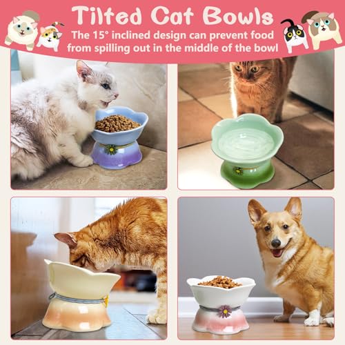 Kathson 4 Pcs Ceramic Raised Cat Food Bowls Elevated Kitty Bowl for Food and Water Anti Vomiting Tilted Cat Bowl for Kittens and Small Dogs Dishwasher and Microwave Safe (8.45 Ounces) - size: Blue,Green,Peach,Pink
