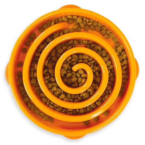 Outward Hound Fun Feeder Slo Bowl – Large 4‑Cup Capacity, Slow Feeding, Medium to Large Dogs, Non‑Slip, Orange, Swirl Pattern - color: Orange, size: Large