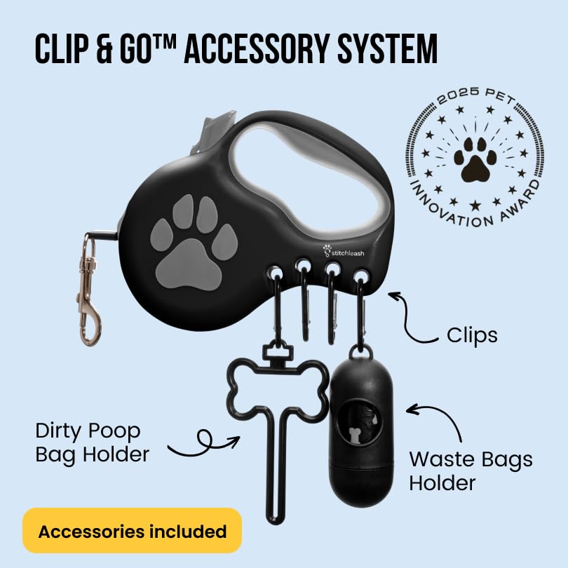 Retractable Dog Leash for Small & Medium Dogs (Up to 55lbs) - Customizable, Patented, Reflective Design, Ergonomic Handle, Includes Hooks & Poop Bag Holder & Dispenser - Black - color: Black, size: S/M - Up to 55 Lbs