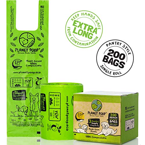 PLANET POOP Home Compostable Dog Poop Bags Extra Long with Handles | Large Single Roll 200 Count Grab & Go | Un-scented Waste Bag | Leakproof Doggy & Cat Bags | Plant-Based Pet Supplies - size: 200 Count (Pack of 1)