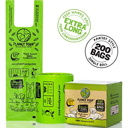 PLANET POOP Home Compostable Dog Poop Bags Extra Long with Handles | Large Single Roll 200 Count Grab & Go | Un-scented Waste Bag | Leakproof Doggy & Cat Bags | Plant-Based Pet Supplies - size: 200 Count (Pack of 1)
