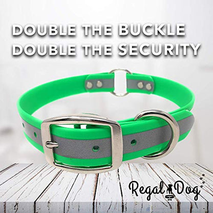 Regal Dog Products Medium Green Reflective Dog Collar with Custom Engraved Name Plate and Heavy Duty Center Ring | Waterproof Biothane Personalized Dog Collars - Other Sizes for Small & Large Dogs - color: Green, size: Medium