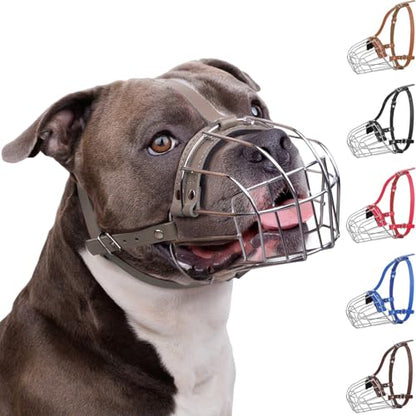 BRONZEDOG Pitbull Dog Muzzle Breathable Metal Basket for Large Dogs Amstaff Staffordshire Terrier Biting Chewing Barking (Leather, Gray) - color: Leather, Gray