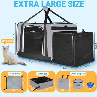 Petskd Side Expandable Extra Large Cat Carrier with Litter Box Area, 24"x17"x17" Soft-Sided Pet Carrier for 2 Cats Under 55 lbs with Zipper Locks for Car Travel(Grey) - color: Grey