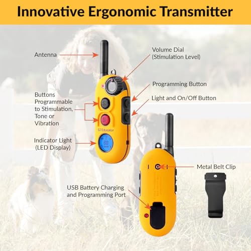 E-Collar Educator EZ 1/2 Mile Dog Training Collar, 4 Dog, Yellow | Ergonomic Remote, Vibration Stimulation, Pavlovian Tone, Waterproof Odorproof Biothane Collar, Night Light - size: 4 Dog
