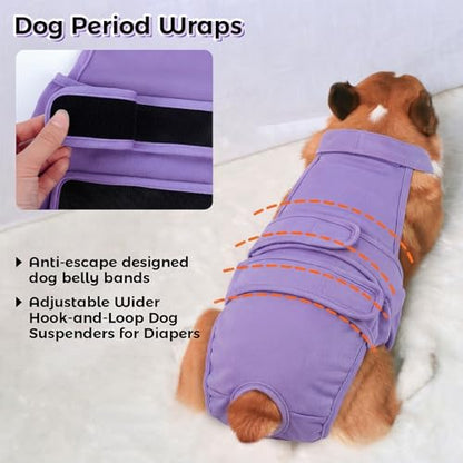 QBLEEV Dog Diapers with Suspenders, Female Escape-Proof Full Body Dog Period Diapers Overalls, Reusable Washable Sanitary Panties for Heat Cycle & Incontinence, Doggie Underwear Onesie with Tail Hole - color: Purple, size: S（Back Length:11.0"）