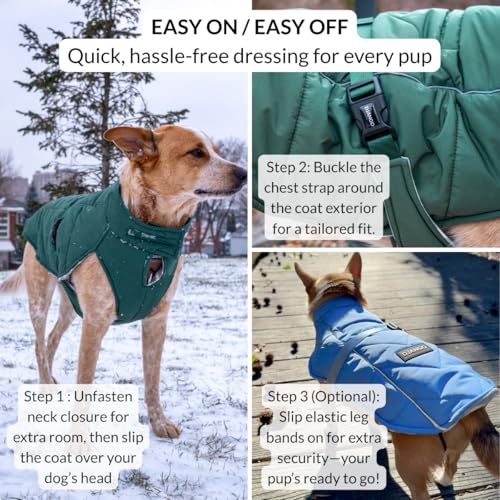 DJANGO Insulated Puffer Dog Jacket with Harness Hole – Warm, Water-Repellent Winter Dog Coat Large Dogs – Adjustable, Reflective Cold Weather Dog Apparel for Fall, Snow, Rain – Lafayette Green, Large - color: Lafayette Green, size: Large
