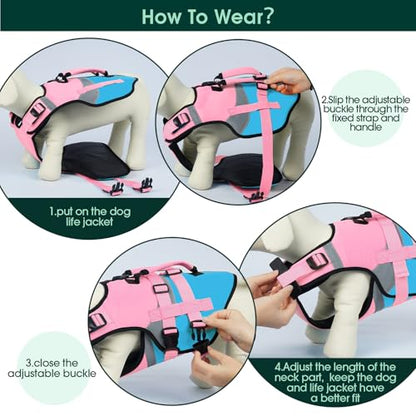 Kuoser Dog Life Jacket with Reflective Strips, High Visibility Dogs Swim Vest with Rescue Handle, Adjustable Dog Life Vest for Swimming, Boating, Pool & Beach, Doggy Lifejacket Small Medium Large Dogs - color: Pink & Aqua Blue, size: Medium (Chest Girth:2