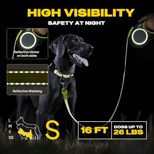 Fida Retractable Dog Leash, Reflective 16ft Heavy Duty Pet Walking Leash for Small/Medium Dog up to 26 lbs, Tangle Free. One-Hand Brake (Small, Neon Yellow) - color: Neon Yellow, size: Small