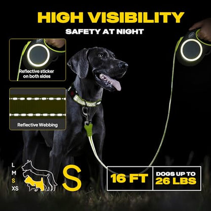 Fida Retractable Dog Leash, Reflective 16ft Heavy Duty Pet Walking Leash for Small/Medium Dog up to 26 lbs, Tangle Free. One-Hand Brake (Small, Neon Yellow) - color: Neon Yellow, size: Small
