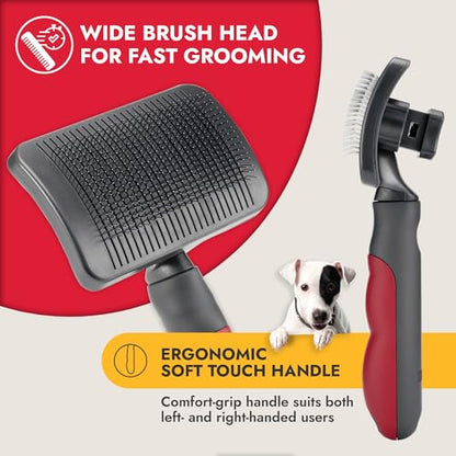 KONG Large Self-Cleaning Slicker Brush – Easy Hair Removal, Reduces Shedding, Non-Slip Grip, Long Metal Pins, for Medium to Large Dogs with Medium to Long Coats, Red/Gray - size: Large Self-Cleaning Slicker