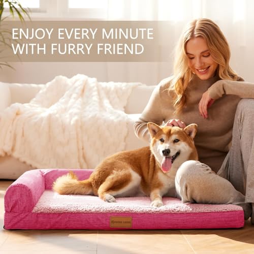 Patas Lague Orthopedic Dog Bed Large Sized Dog 36''X24'', Waterproof L Bolster Medium Pet Sofa Beds with Removable Washable Cover, Soft Pet Couch Crate Mat with Nonskid Bottom, Pink - color: Pink, size: 36"L x 24"W x 3.5"Th