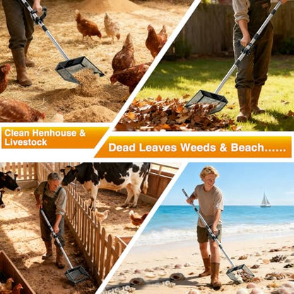 TOOGE Large Chicken Poop Scooper: 2-in-1 Metal Pooper Scooper & Rake Adjustable 62" Long Handle Stainless Steel Sand Sifting Litter Shovel Chicken Coop Scoop Cleaning for Bedding Goats Farm Yard Black - color: Black