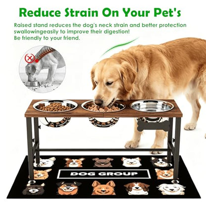SHAINFUN Adjustable Height Elevated Dog Bowl Stand – Wooden Raised Dog Bowls with Three 58oz Stainless Steel Bowls & Mat for Small to Large Dog Breeds - color: Brown-1.7L-Three