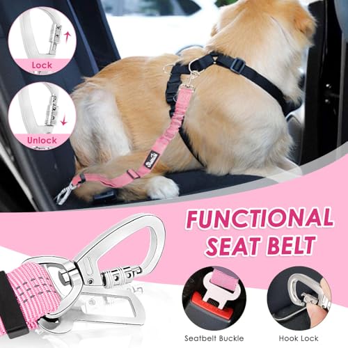 SlowTon Dog Seatbelt, 2 Pack Dog Seat Belt Car Leash Adjustable Elastic Bungee Buffer Heavy Duty Nylon Reflective Pet Safety Tether Connect to Dog Harness for Travel Riding in Vehicle (Daul Clip, PI) - color: Pink