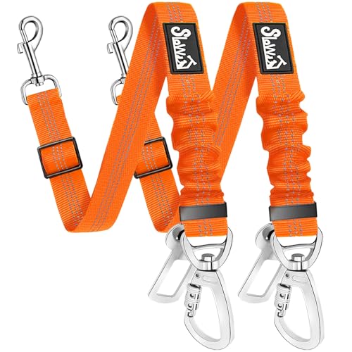 SlowTon Dog Seatbelt, 2 Pack Dog Seat Belt Car Leash Adjustable Elastic Bungee Buffer Heavy Duty Nylon Reflective Pet Safety Tether Connect to Dog Harness for Travel Riding in Vehicle (Daul Clip, OR) - color: Orange