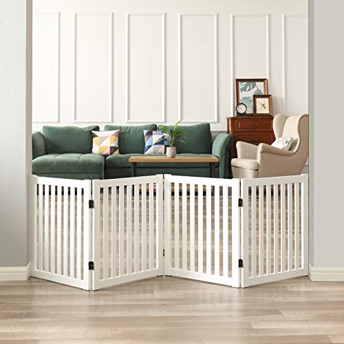 WELLAND Wooden Freestanding Pet Gate, 4 Panel 24 Inch Step Over Fence, Expands Up to 80" Wide, Foldable Indoor Dog Gate Puppy Safety Fence, White - color: White, size: 4 Panel 80" Wide
