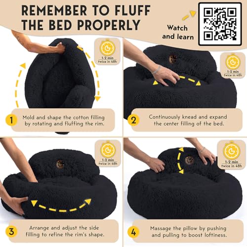 PetJett Large Dog Bed - 36'' Calming Donut Dog Beds, Anti-Slip & Washable Large Round Bed, Fluffy Faux Fur Pet Bed, Super Soft Anti-Anxiety Premium Comfort Bed, Fits Dogs up to 80 lbs - Black - color: Black, size: Large - 36”L x 36”W x 8”Th