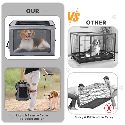 MEGHNA Dog Crate Portable Collapsible Lightweight Soft Sided Folding Travel Dog Kennel Double Door Collapsible 620D Oxford Fabric Cage (Grey, Medium) - size: Medium