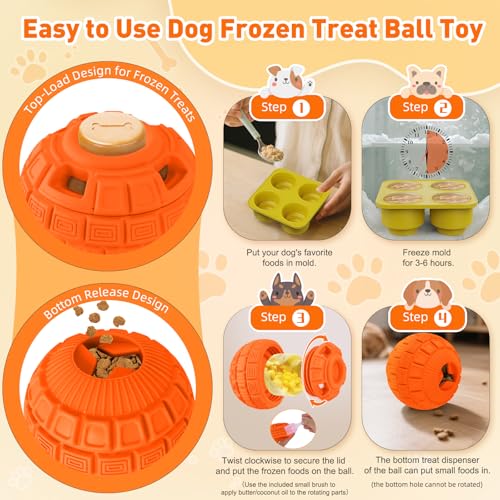 Interactive Dog Frozen Treat Toys, Dog Puzzle Enrichment Ball to Keep Them Busy, Slow Food Training, Durable Rubber Chew Dispensing Toy, Freezable Fillable Ball, for Small Medium Large Dogs (Orange) - color: Orange