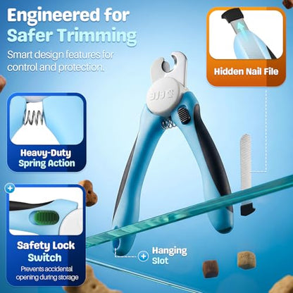 Flexzion Pet Nail Clippers for Dogs & Cats - Stainless Steel Blade Cat Nail Trimmer with Stored Nail File, Safety Guard, Easy Grip Handle - Dog Nail Clippers for Large Dogs, Medium Small Breeds, Blue - color: Blue