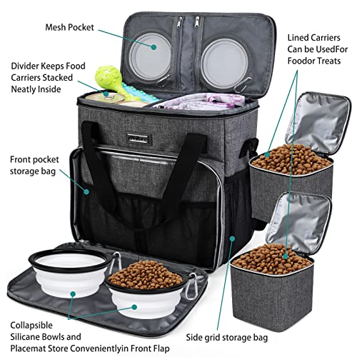 BAGLHER Dog Travel Bag, Pet Travel Bag (ALL Pet Travel Supplies), With 2 Pet Food Containers and 2 Collapsible Silicone Bowls; Essential Kits for Pet Travel Grey - color: Grey, size: Medium