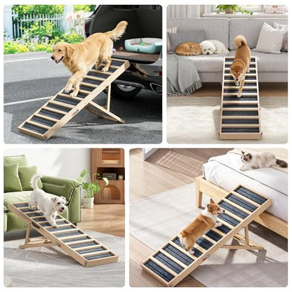 Dog Ramp for Bed, Couch, Car-55 L Gentle Slope Folding Pet Ramp with Non-Slip Surface and Metal Reinforced-High Traction,4 Adjustable Heights 18"-25", Supports 176lbs for Small Medium Large Dogs - size: 55"L