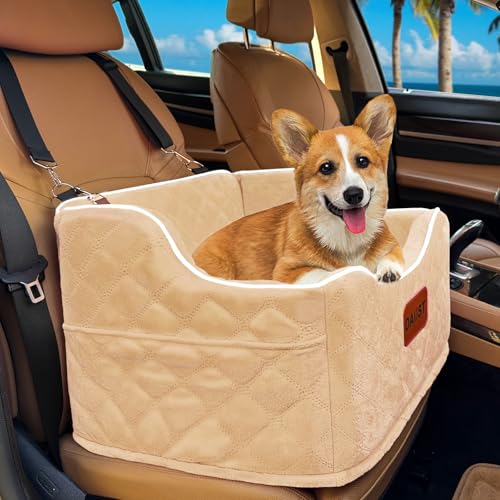 Dog Car Seat for Small Medium Dogs, Detachable Washable Dogs Booster Seat Under 35lbs, Elevated Dog Car Bed with Storage Pockets (Light Khaki, One Size) - color: Light Khaki
