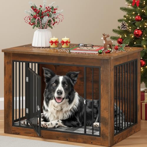 YITAHOME Dog Crate Furniture for Large Dogs, Side End Table, Modern Dogs Kennel Indoor up to 60 lb, 2-in-1 Iron-Wood Fusion Dog Cage with Waterproof Top, Safety Corners, Steel Lock,38"L, Rustic Brown - color: Rustic Brown+1 Room