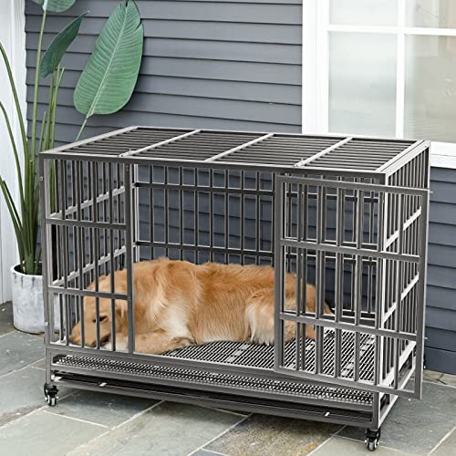 LEMBERI 48 Inch Heavy Duty Indestructible Dog Crate, 500lbs Capacity Escape Proof Double Door Kennel with Lockable Wheels, 36" Tall XL Dog Cage with 0.8" Steel Tubes, Removable Tray, Silver - color: Silver, size: 47.2"L x 30.7"W x 36"H