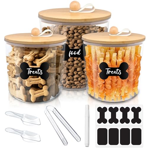 HOYTAMDAR 3 Pack Airtight Dog Treat Containers with Bamboo Lids, Dog Treat Jars with Scoops, Clamps, Labels and Marker, Dog & Cat Treat Holder - color: Wood - 3 Pack