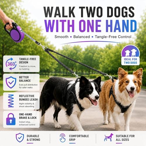 Double Retractable Dog Leash for Two Dogs Up to 50 lbs - 16 ft Coupler Leashes for Small Medium Dogs - One Locked System, Non Slip Grip, Tangle Free (Purple) - color: Purple