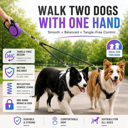Double Retractable Dog Leash for Two Dogs Up to 50 lbs - 16 ft Coupler Leashes for Small Medium Dogs - One Locked System, Non Slip Grip, Tangle Free (Purple) - color: Purple