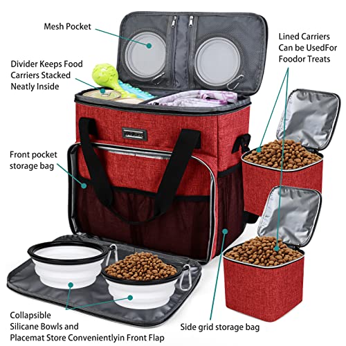 BAGLHER Dog Travel Bag, Pet Travel Bag (ALL Pet Travel Supplies), With 2 Pet Food Containers and 2 Collapsible Silicone Bowls; Essential Kits for Travel Red - color: Red, size: Medium