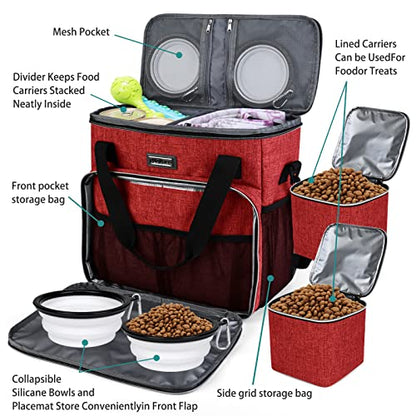 BAGLHER Dog Travel Bag, Pet Travel Bag (ALL Pet Travel Supplies), With 2 Pet Food Containers and 2 Collapsible Silicone Bowls; Essential Kits for Travel Red - color: Red, size: Medium